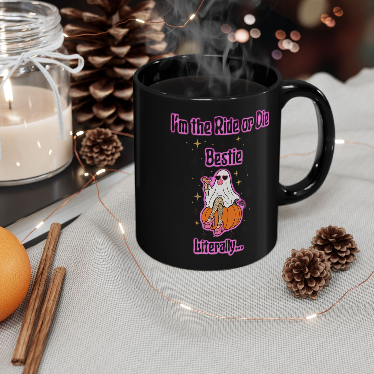 Ride or Die Bestie Mug — Cute Ghost on Pumpkin Halloween Coffee Cup (Black, 11oz/15oz)