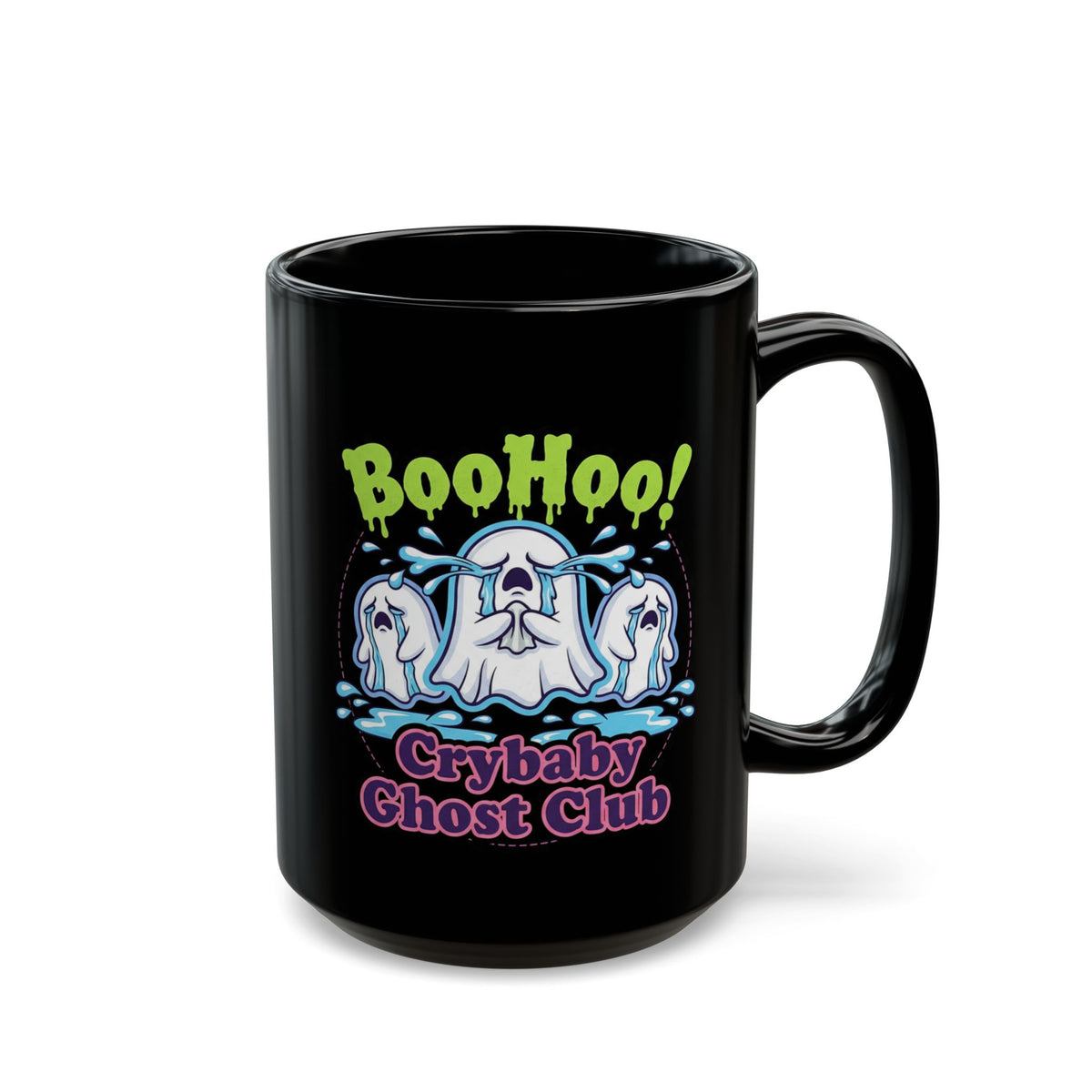 Crybaby Ghost Club "BooHoo!" Black Mug — Cute Spooky Coffee Cup