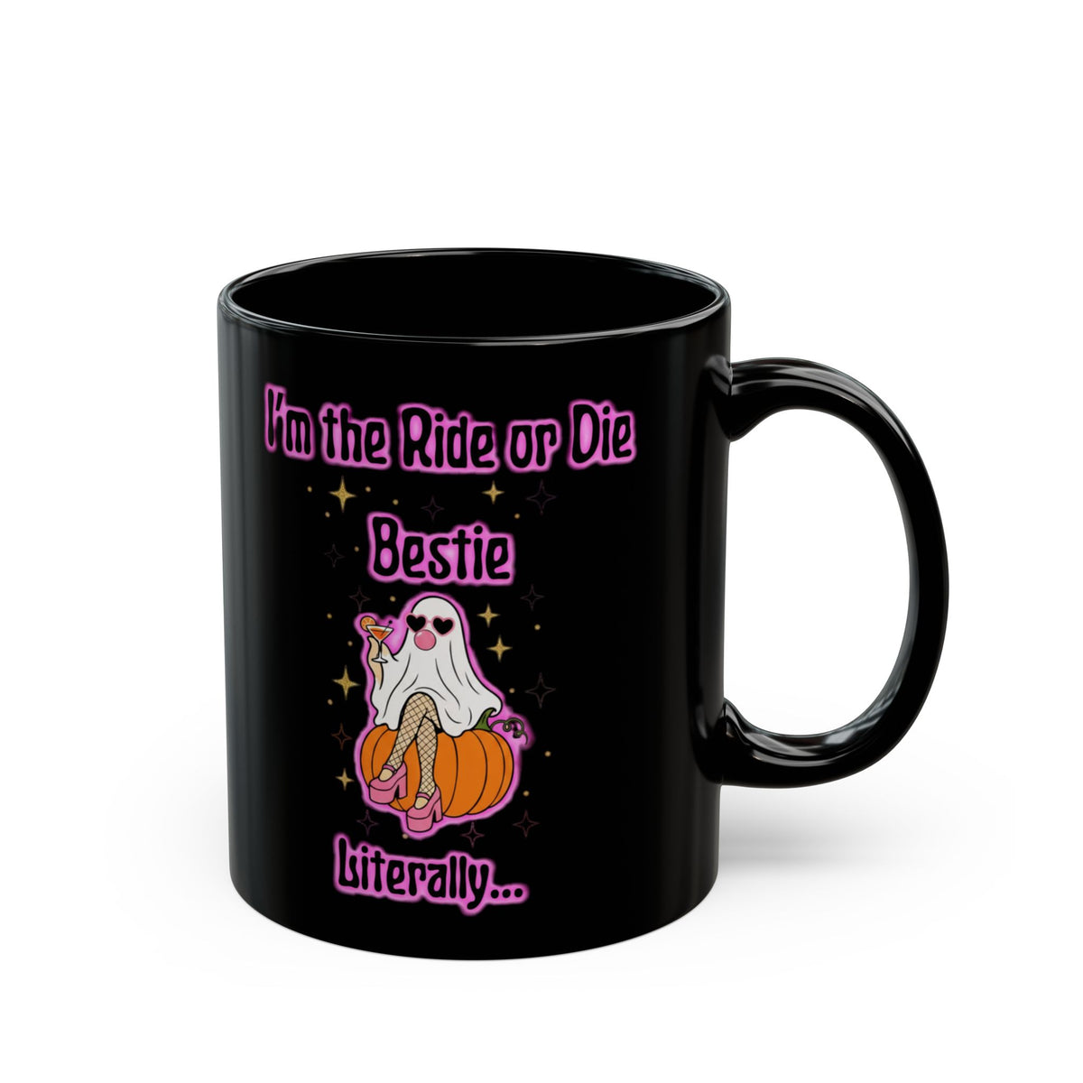 Ride or Die Bestie Mug — Cute Ghost on Pumpkin Halloween Coffee Cup (Black, 11oz/15oz)