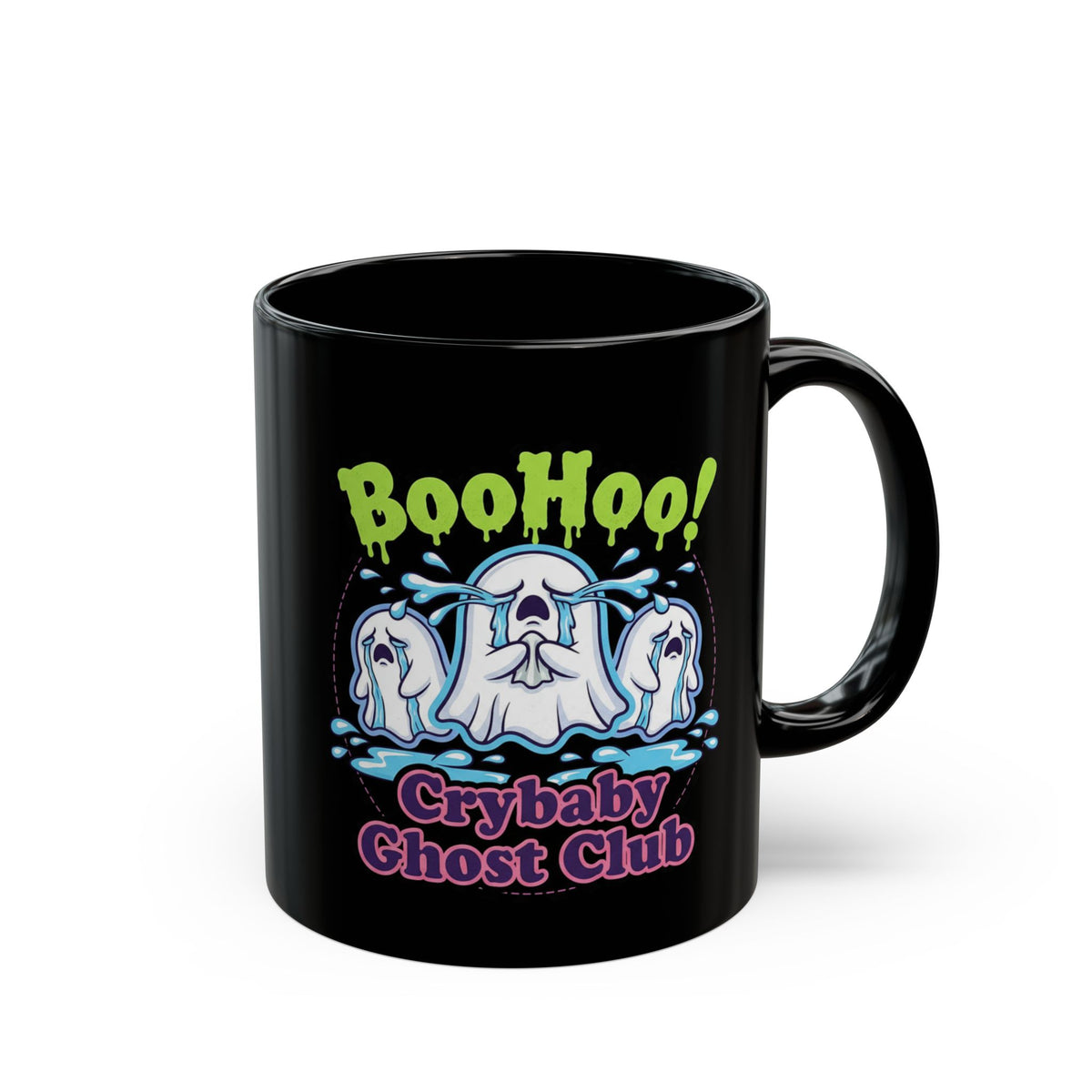 Crybaby Ghost Club "BooHoo!" Black Mug — Cute Spooky Coffee Cup