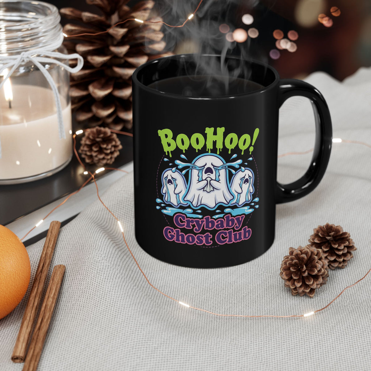 Crybaby Ghost Club "BooHoo!" Black Mug — Cute Spooky Coffee Cup