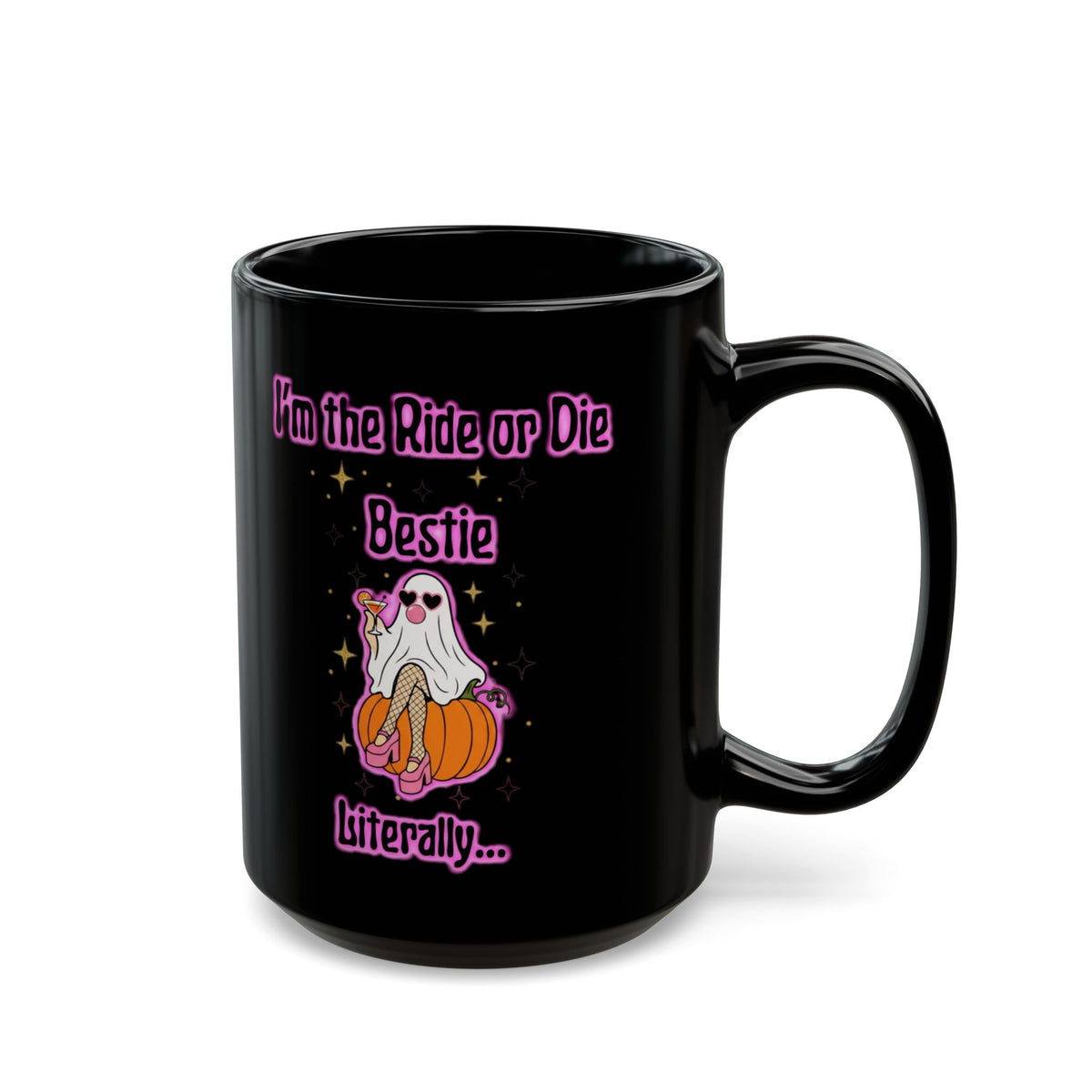 Ride or Die Bestie Mug — Cute Ghost on Pumpkin Halloween Coffee Cup (Black, 11oz/15oz)