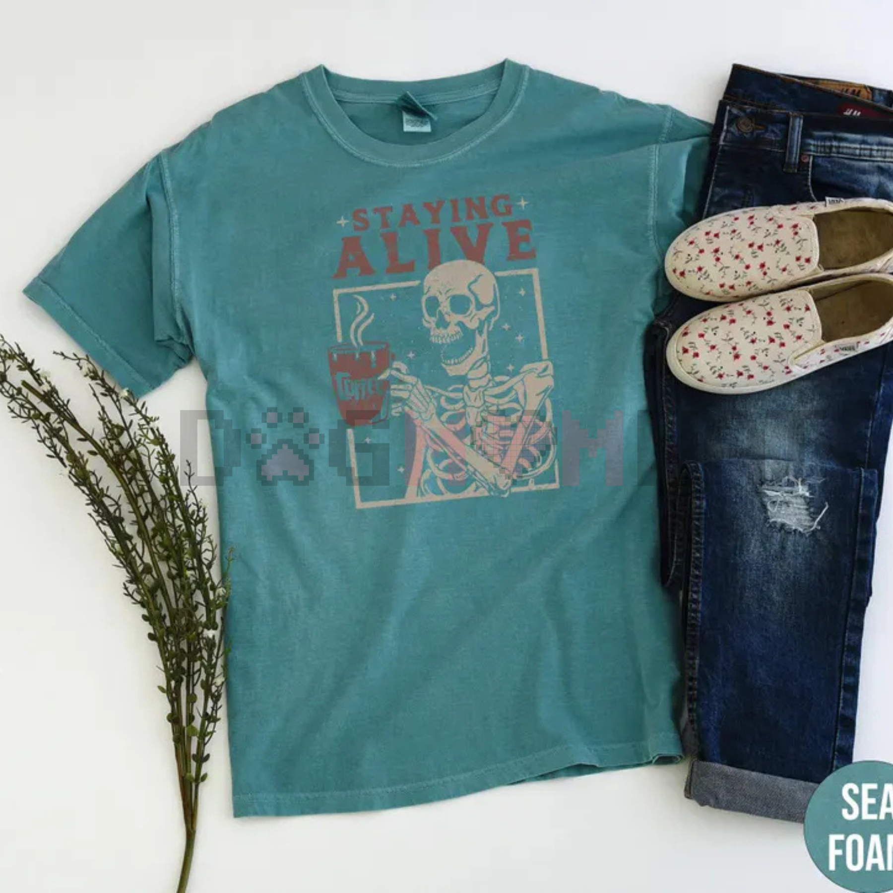 "Staying Alive" Coffee T-Shirt – Funny Skeleton Tee, Trendy Retro Halloween, Women's Comfort Colors Shirt