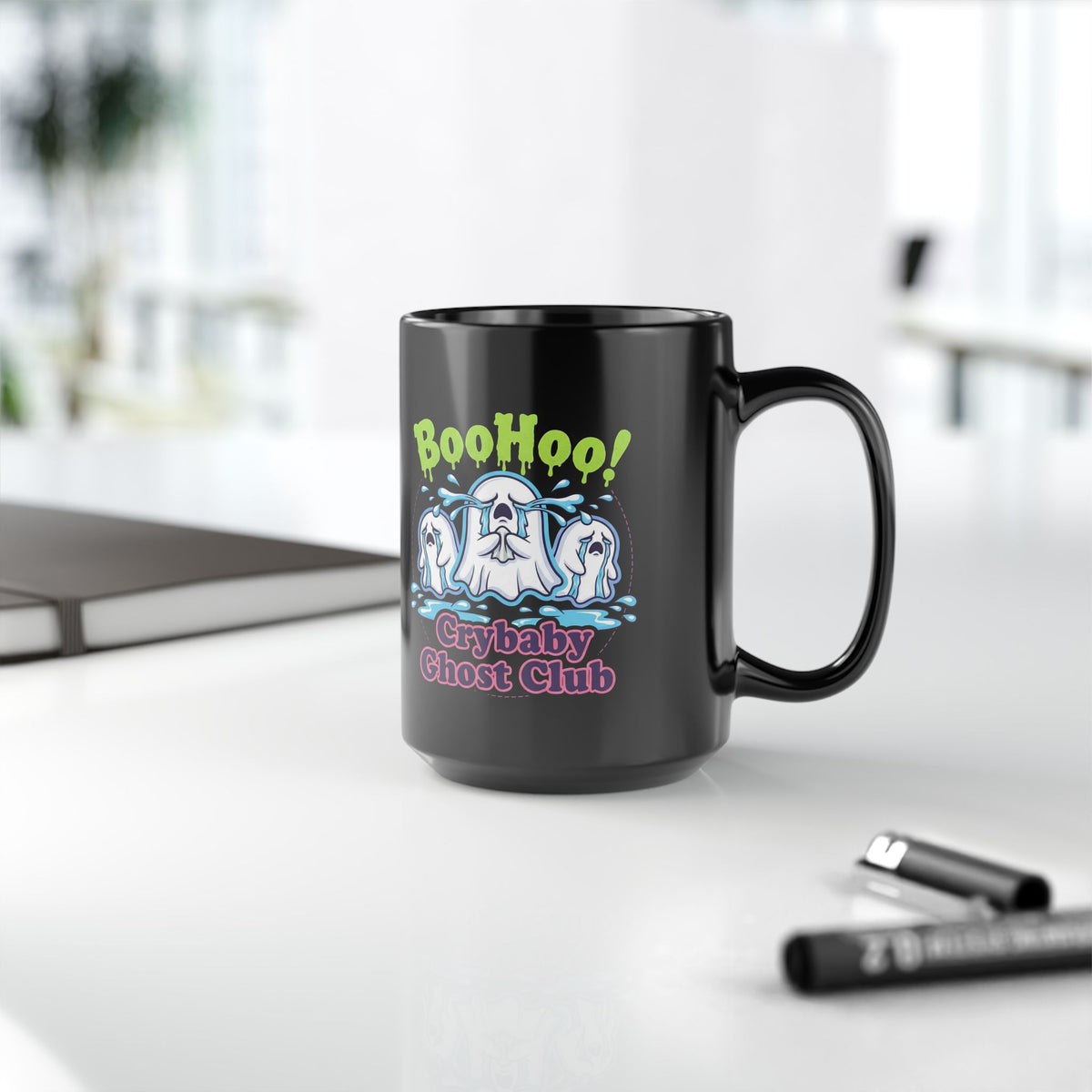 Crybaby Ghost Club "BooHoo!" Black Mug — Cute Spooky Coffee Cup