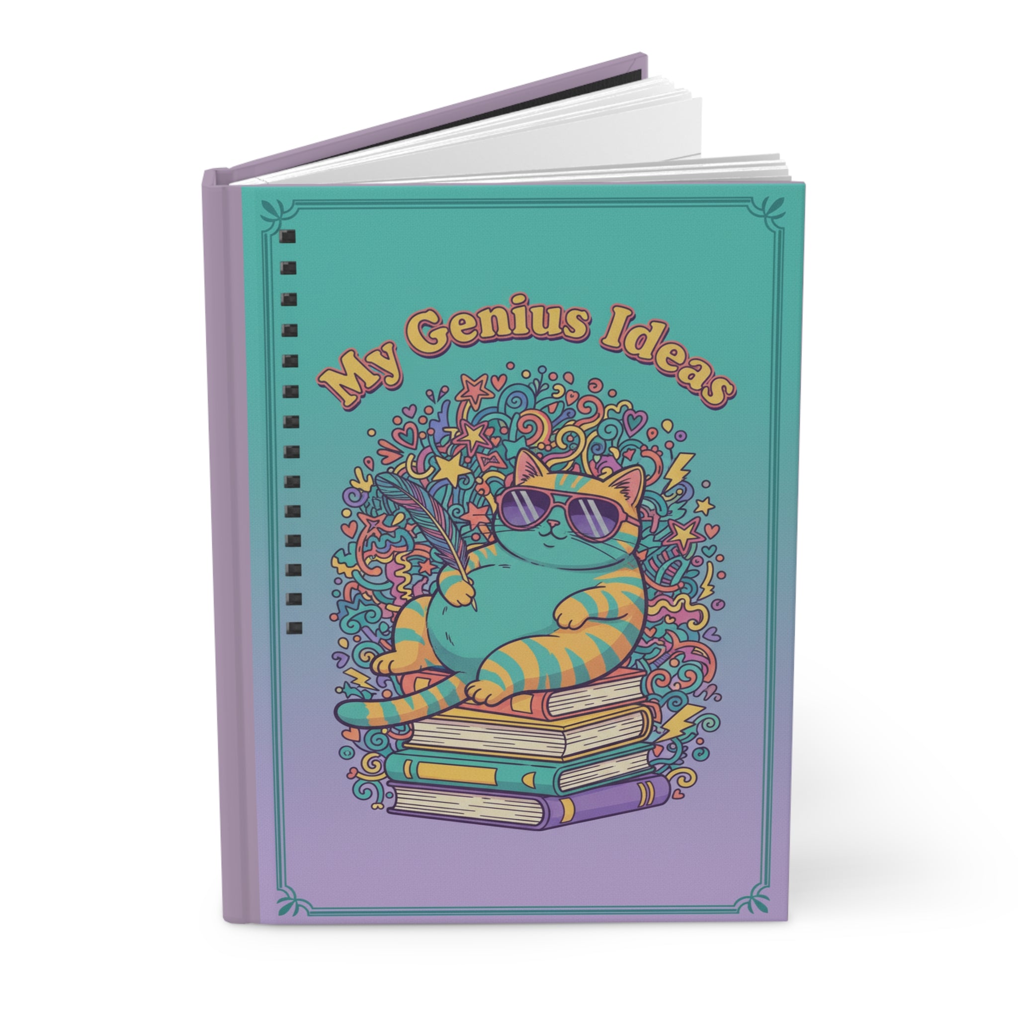 My Genius Ideas Hardcover Journal — Cute Cat on Books Notebook for Writers & Students